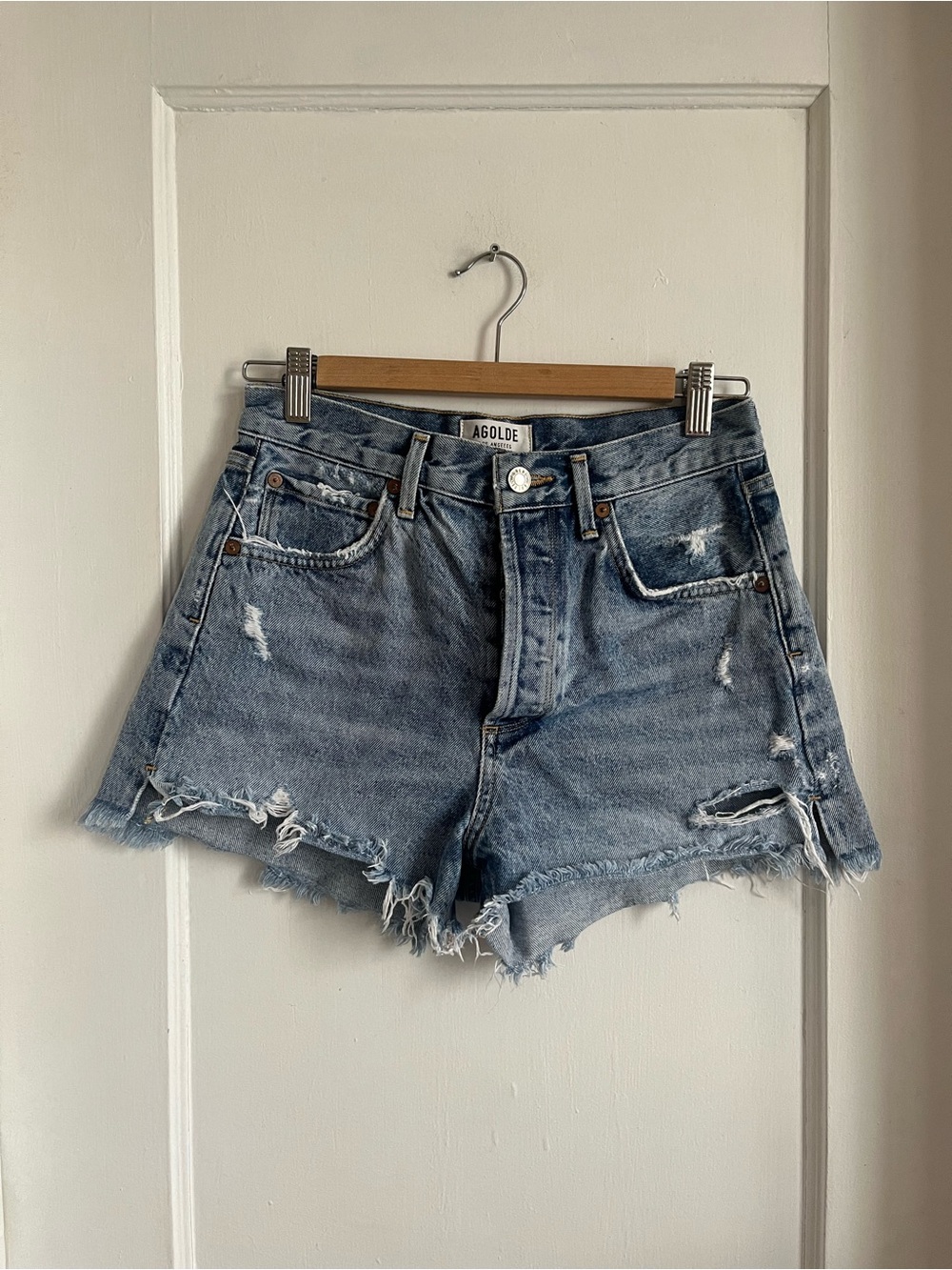 Agolde Light Blue Distressed Cutoff Denim Shorts
